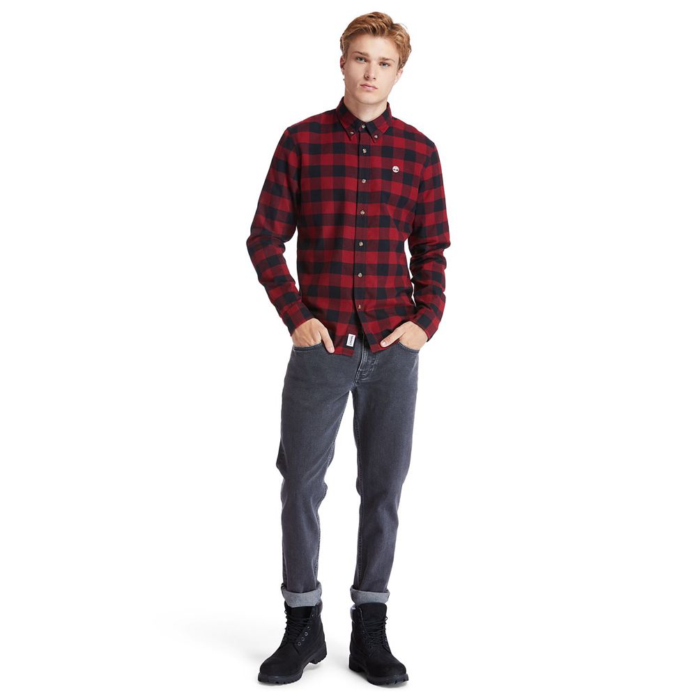 Timberland Mens Shirts Mascoma River Slim-Fit Long-Sleeve Check - Red/Black - India NK9163802